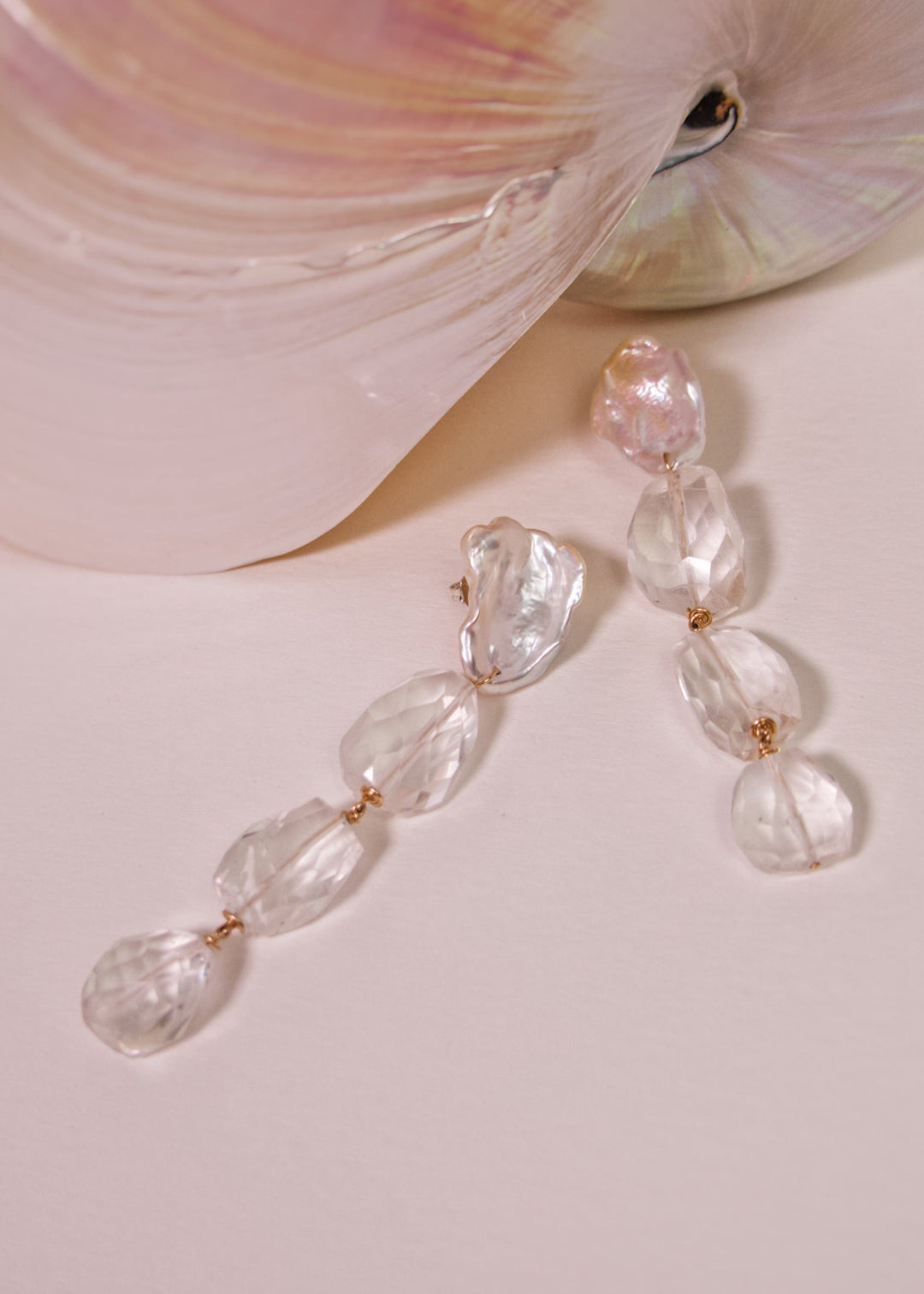 Gold-Filled keshi pearl earrings with teardrop crystal quartz