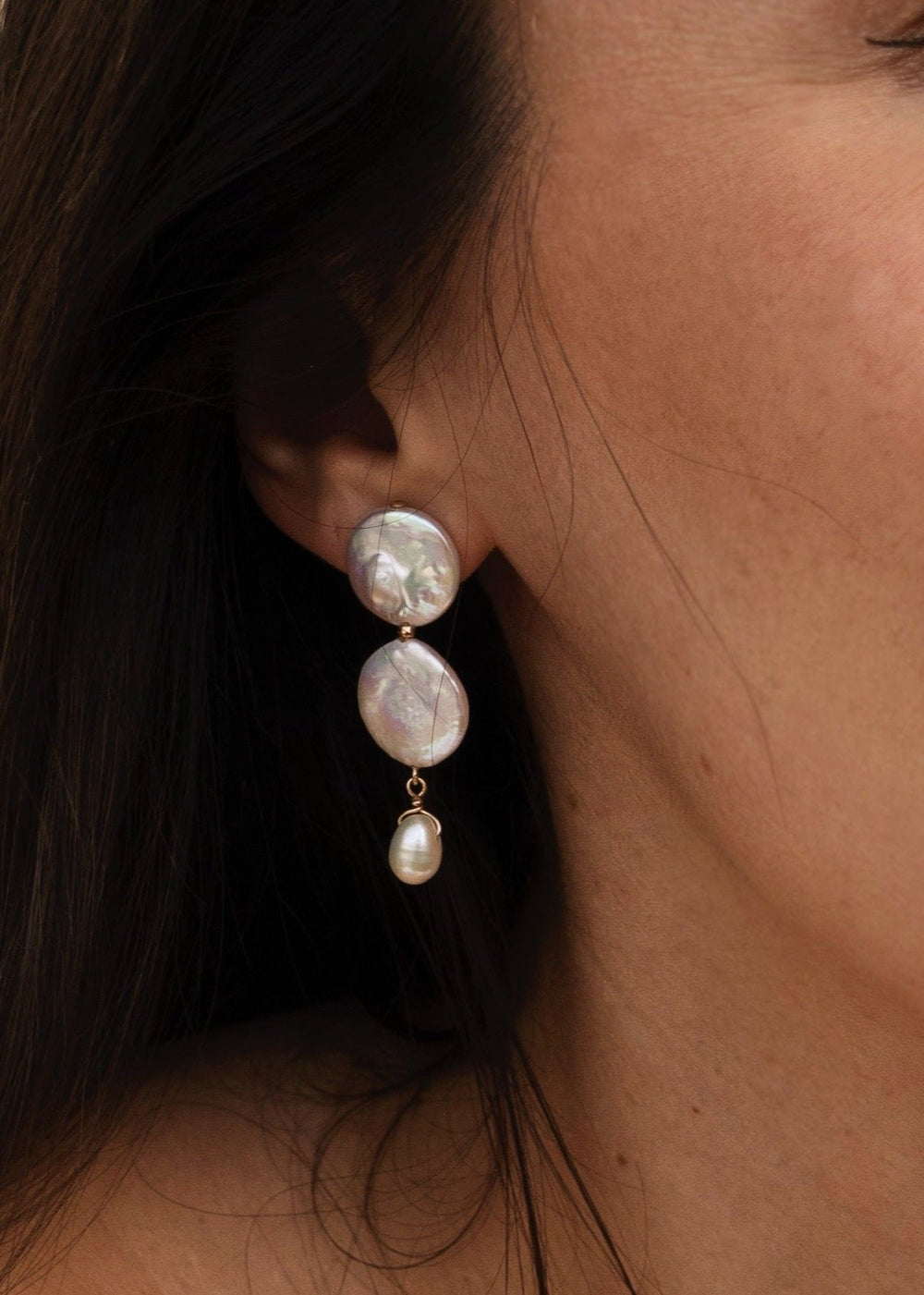 Gold-filled earring with 2 white coin pearls and single dainty pearl