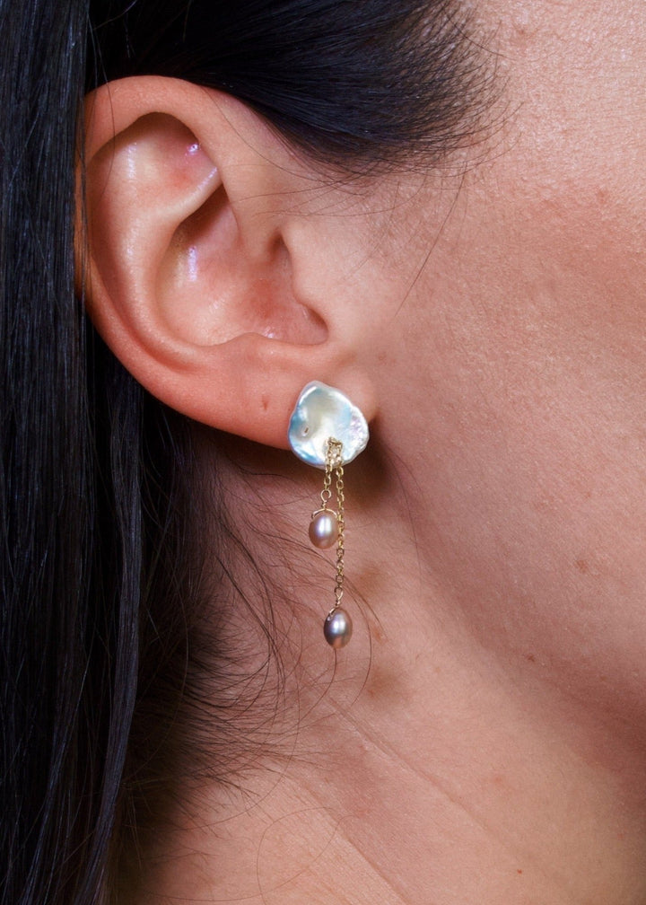 White keshi pearl earring with gold-filled chains and dangling pearls